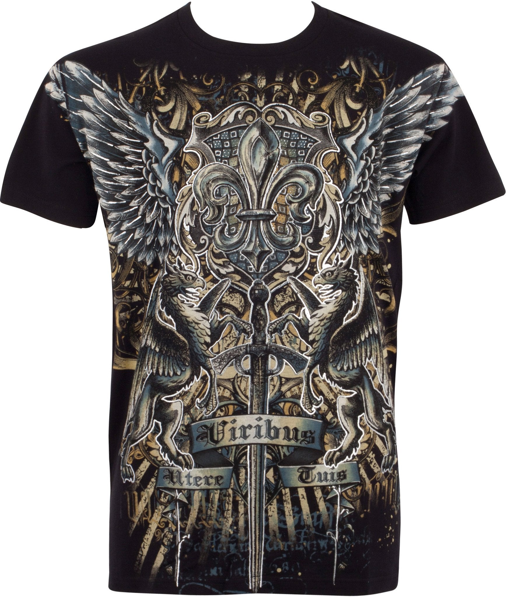 Sakkas Sword and Griffin Metallic Silver Embossed Cotton Mens Fashion T-shirt - Concordia Style Boutique