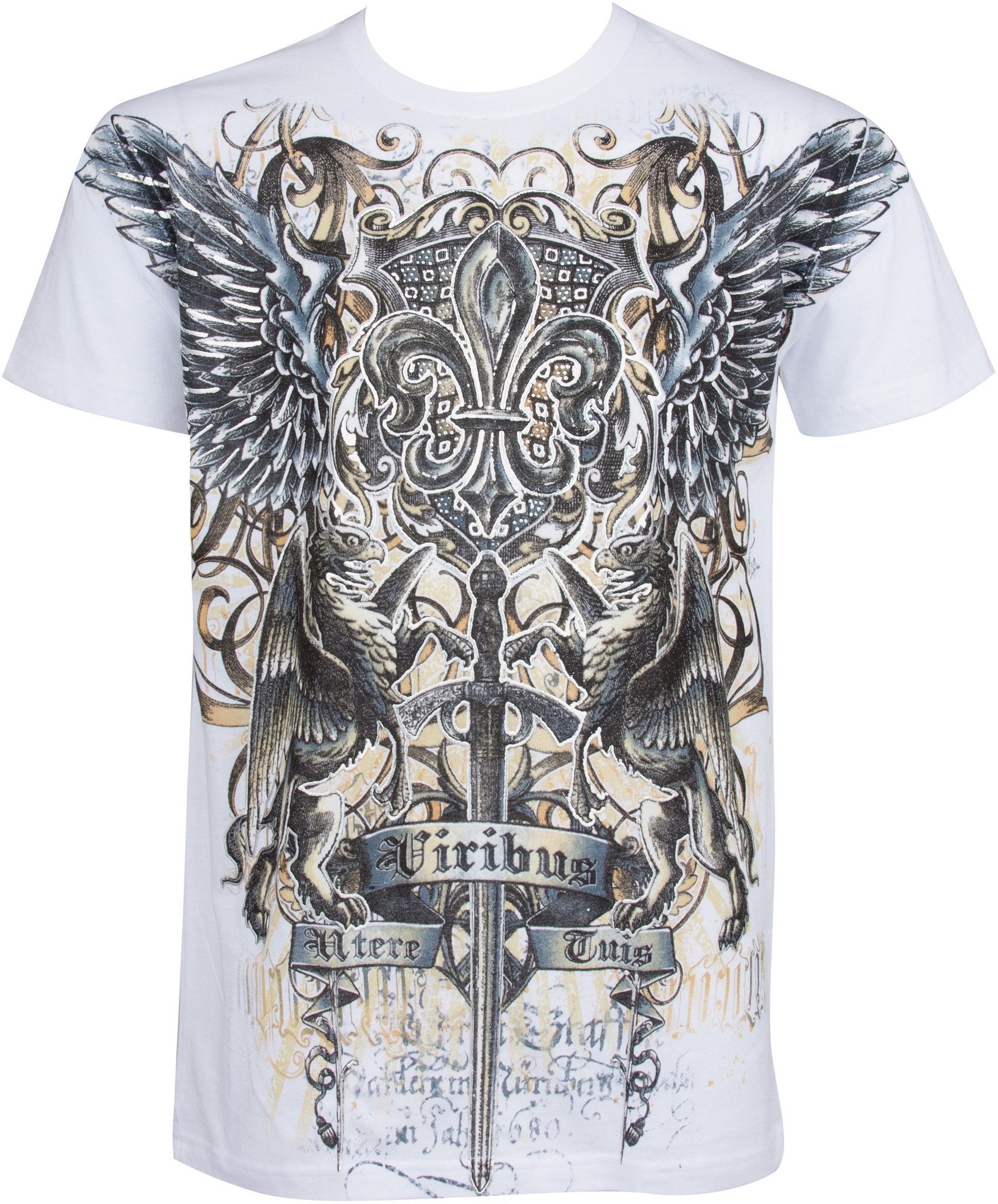 Sakkas Sword and Griffin Metallic Silver Embossed Cotton Mens Fashion T-shirt - Concordia Style Boutique