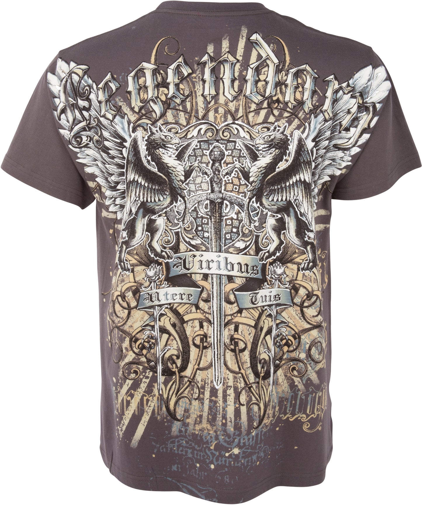 Sakkas Sword and Griffin Metallic Silver Embossed Cotton Mens Fashion T-shirt - Concordia Style Boutique