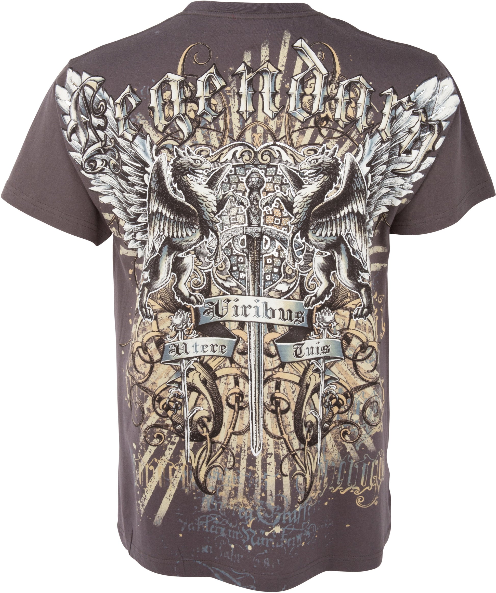 Sakkas Sword and Griffin Metallic Silver Embossed Cotton Mens Fashion T-shirt - Concordia Style Boutique