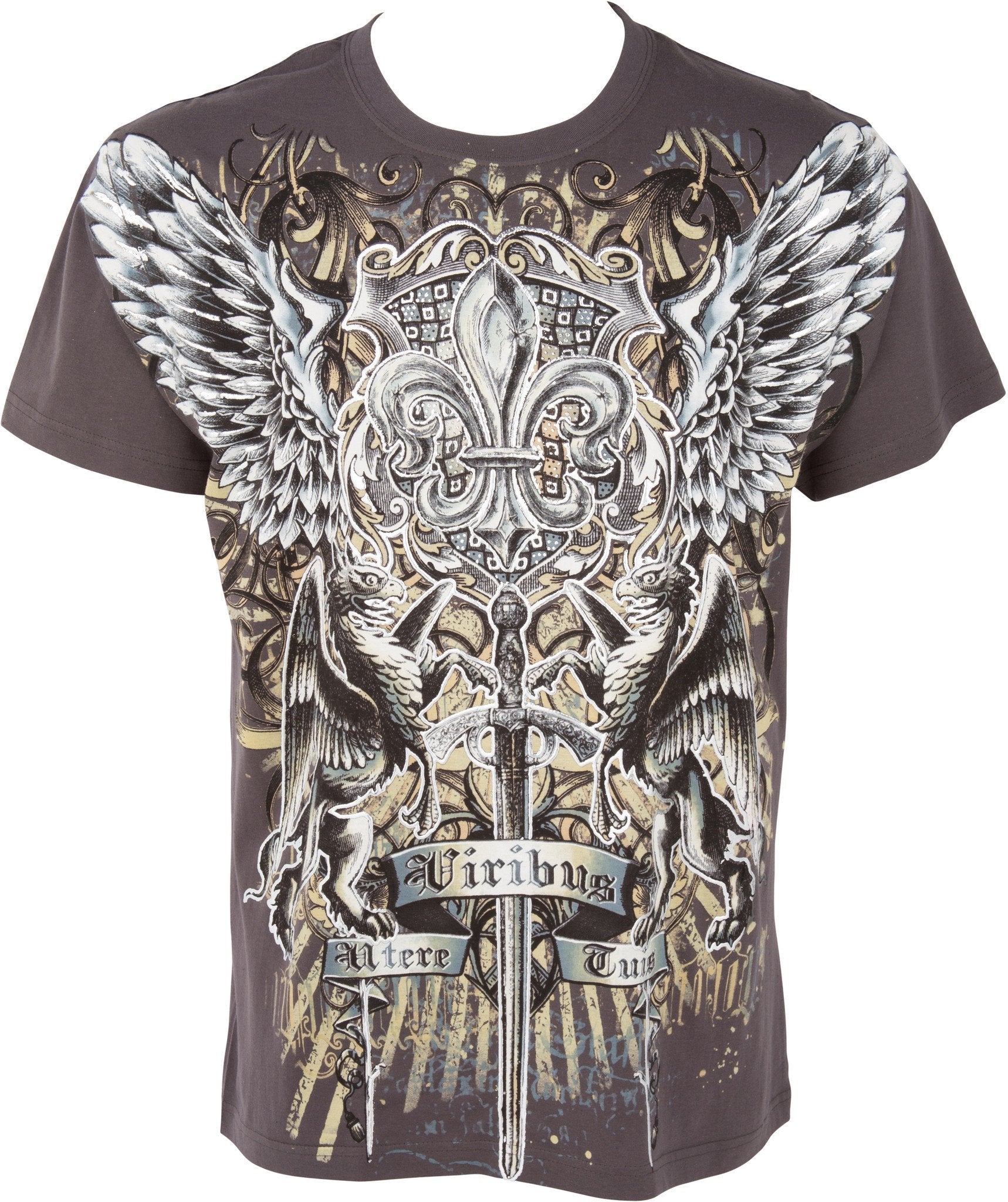 Sakkas Sword and Griffin Metallic Silver Embossed Cotton Mens Fashion T-shirt - Concordia Style Boutique