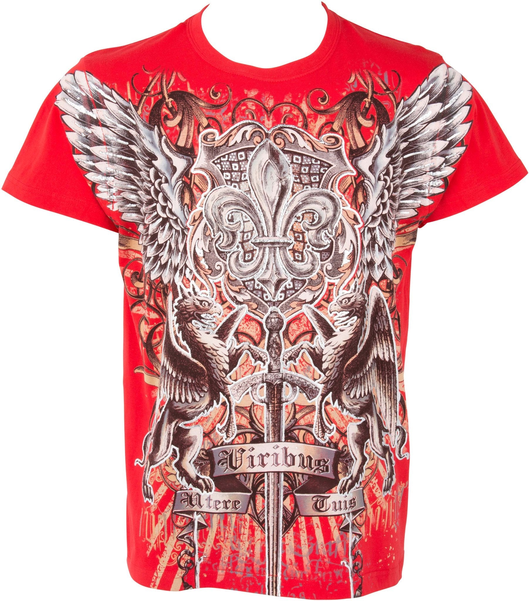 Sakkas Sword and Griffin Metallic Silver Embossed Cotton Mens Fashion T-shirt - Concordia Style Boutique