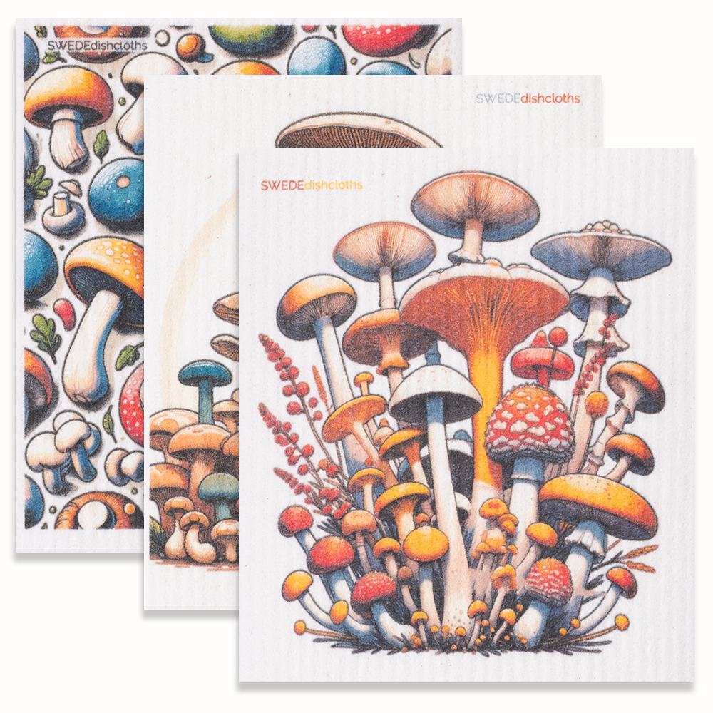 Eco-Friendly Swedish Dishcloths - Mixed Mushrooms Set of 3 (Paper Towel Replacements, One of Each Design) - Concordia Style Boutique