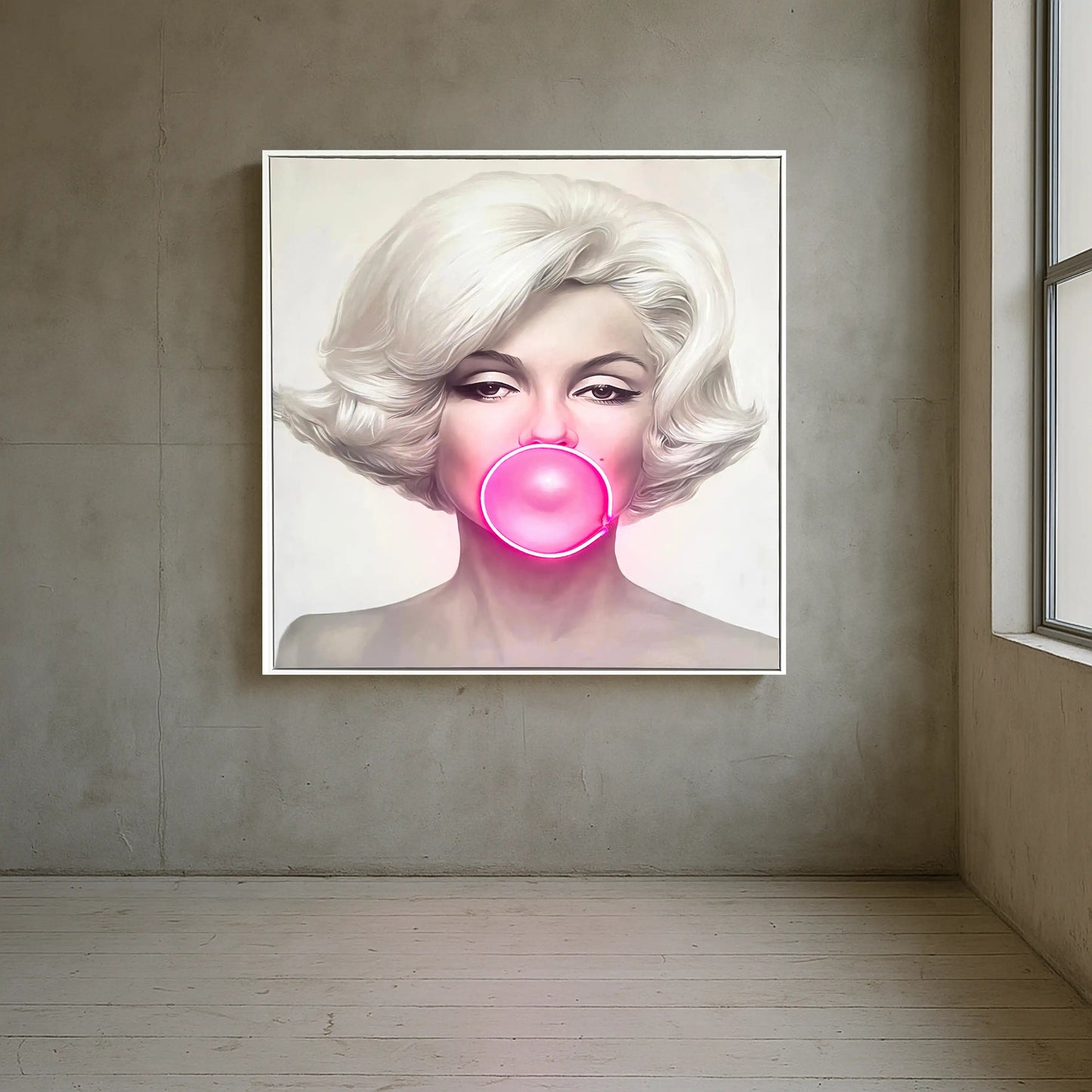 Marilyn Monroe Bubble Gum LED Wall Art – Pink LED Canvas with Bubble Accent