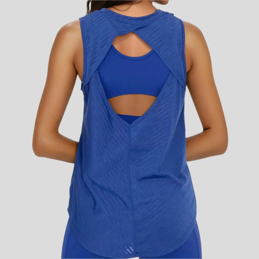 Sheer Striped Mesh Active Tank with Cut-Out Back Blue