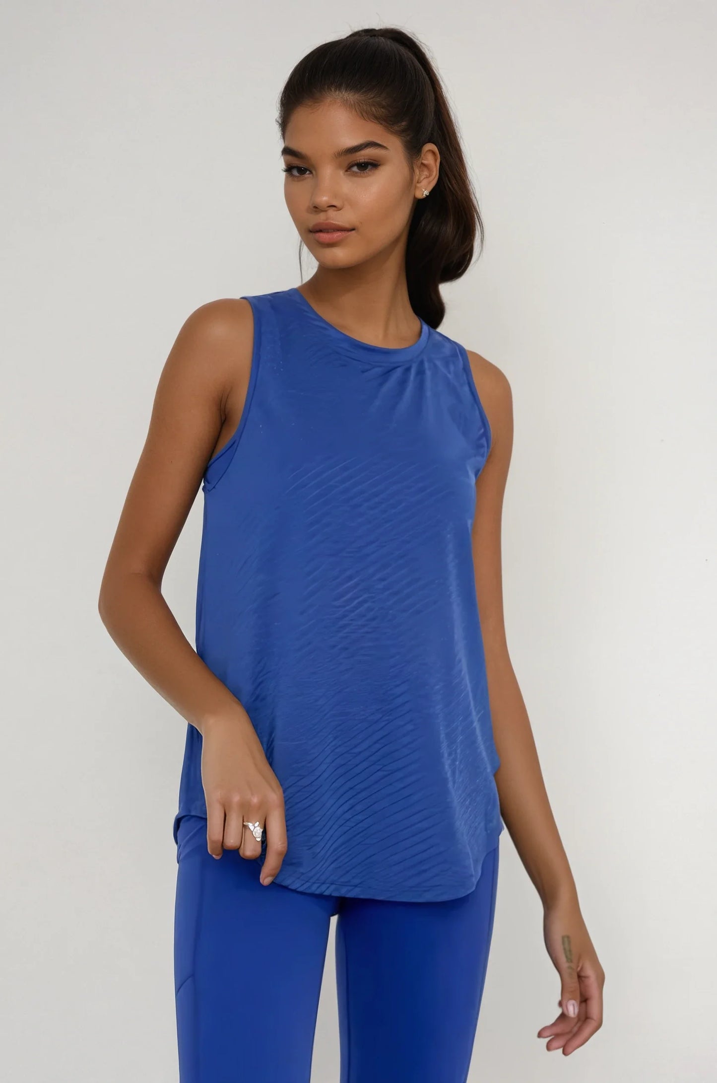Sheer Striped Mesh Active Tank with Cut-Out Back Blue