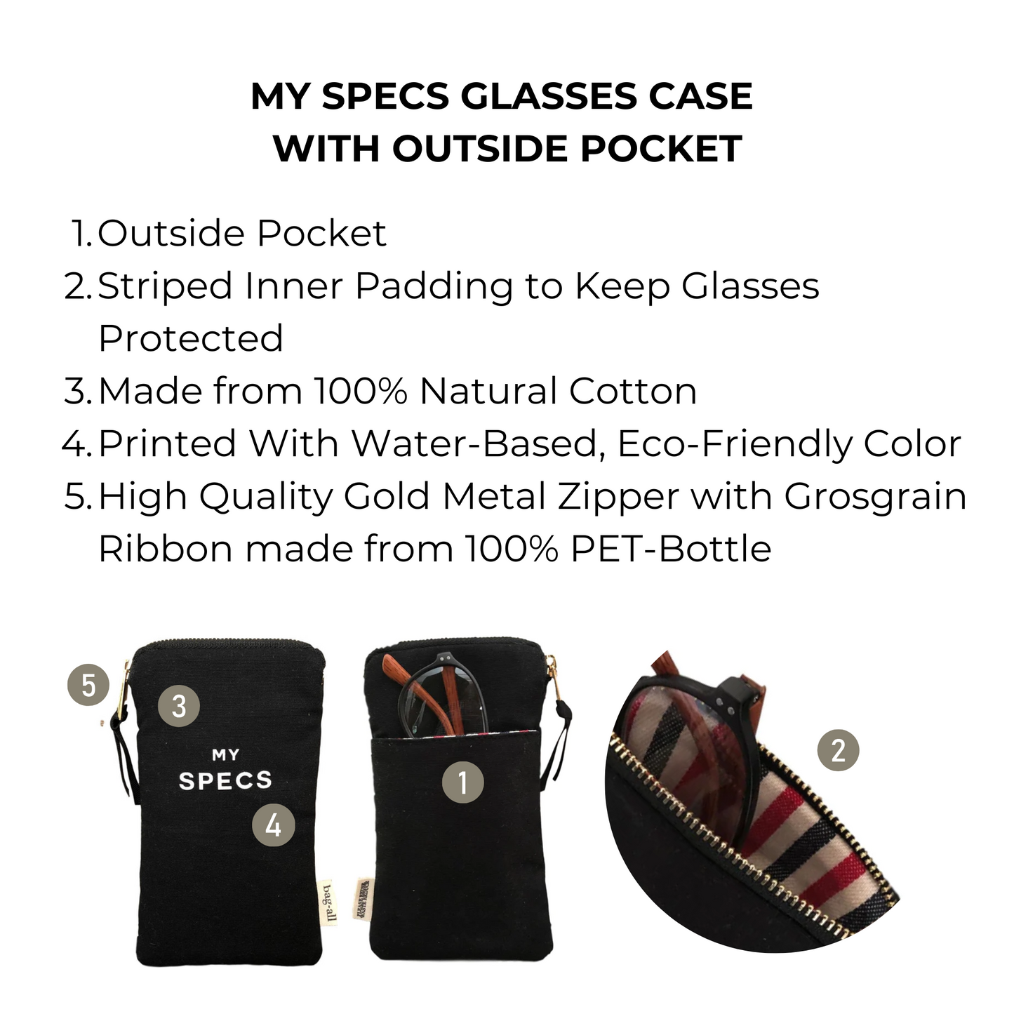 My Specs Glasses Case with Outside Pocket, Black - Concordia Style Boutique