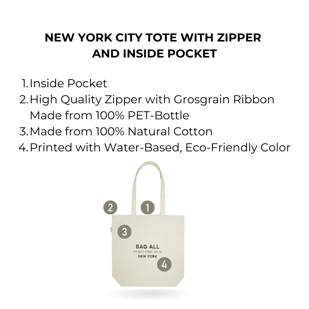 New York City Tote with Zipper and Inside Pocket, Cream - Concordia Style Boutique