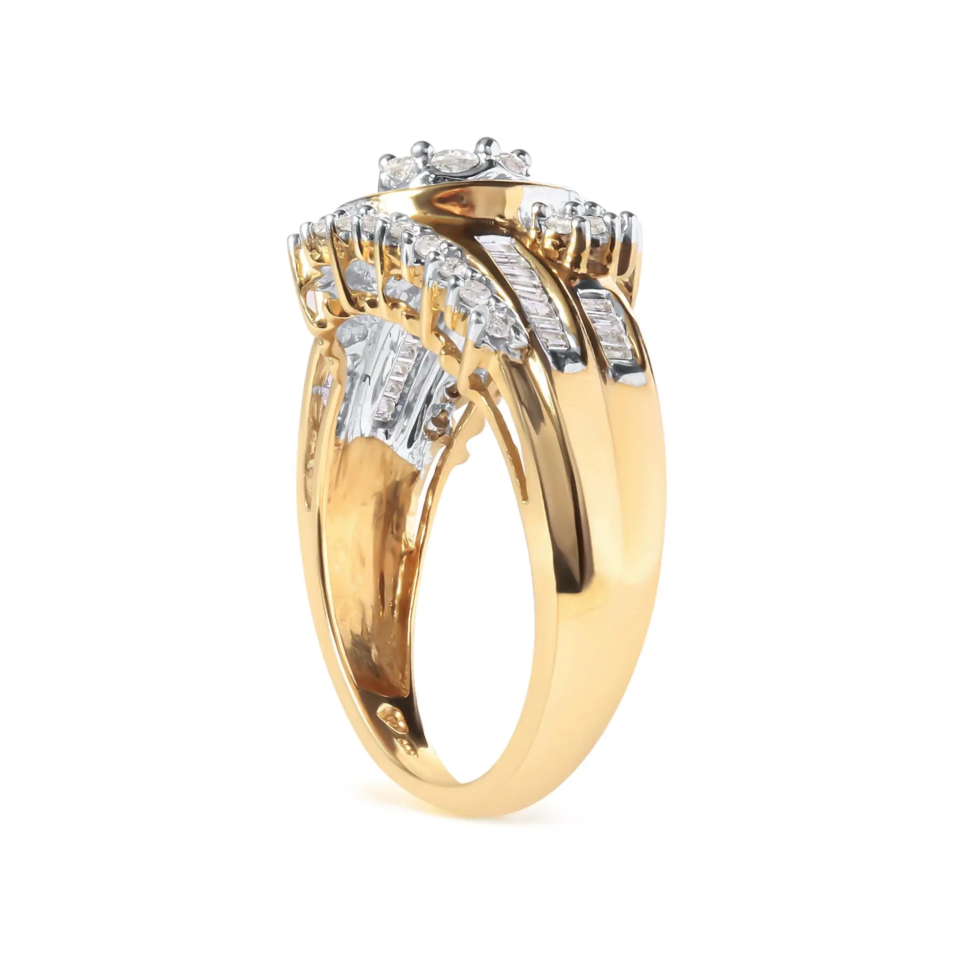 10K Yellow Gold 1 Cttw Round and Baguette cut Diamond Cluster Swirl Band Ring (H-I Color, I1-I2 Clarity) - Concordia Style Boutique