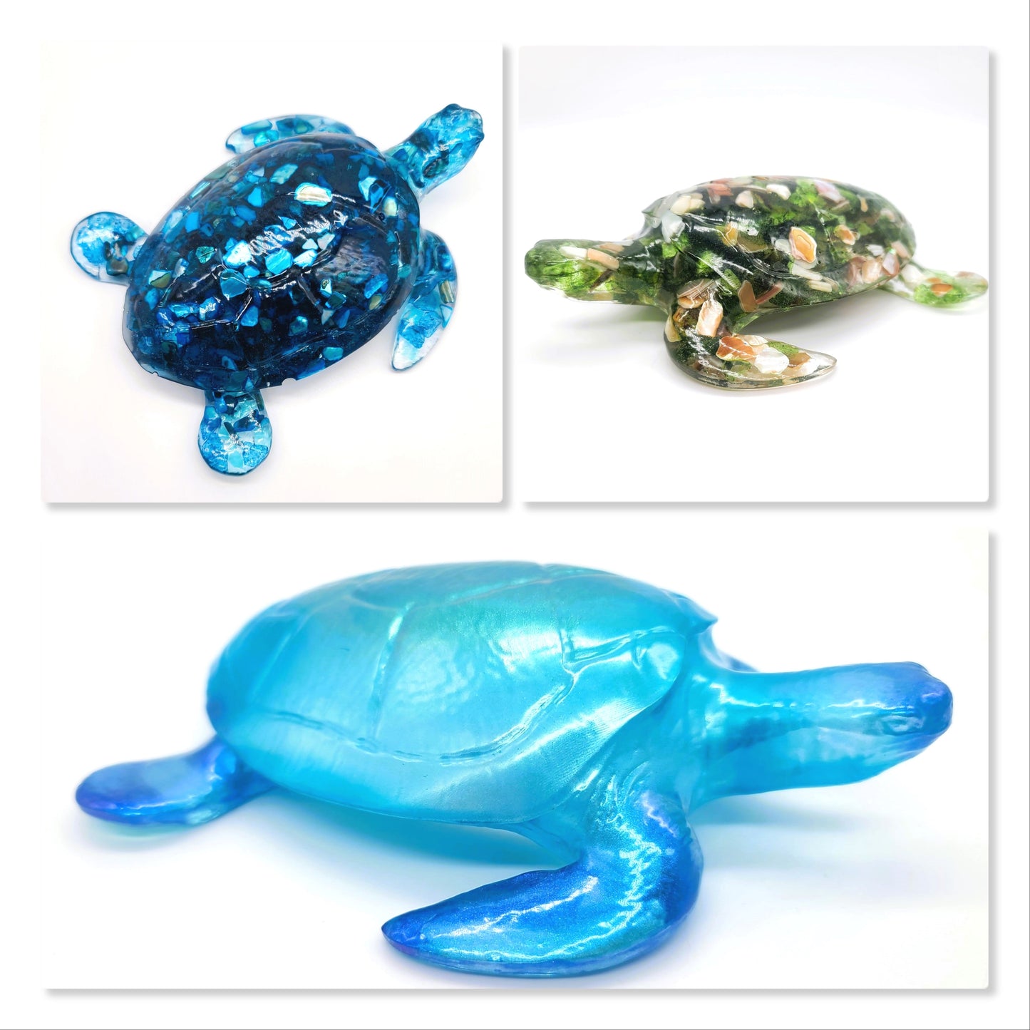 Resin Sea Turtle Figurine - Made w/ Blue Seaglass/Seashells
