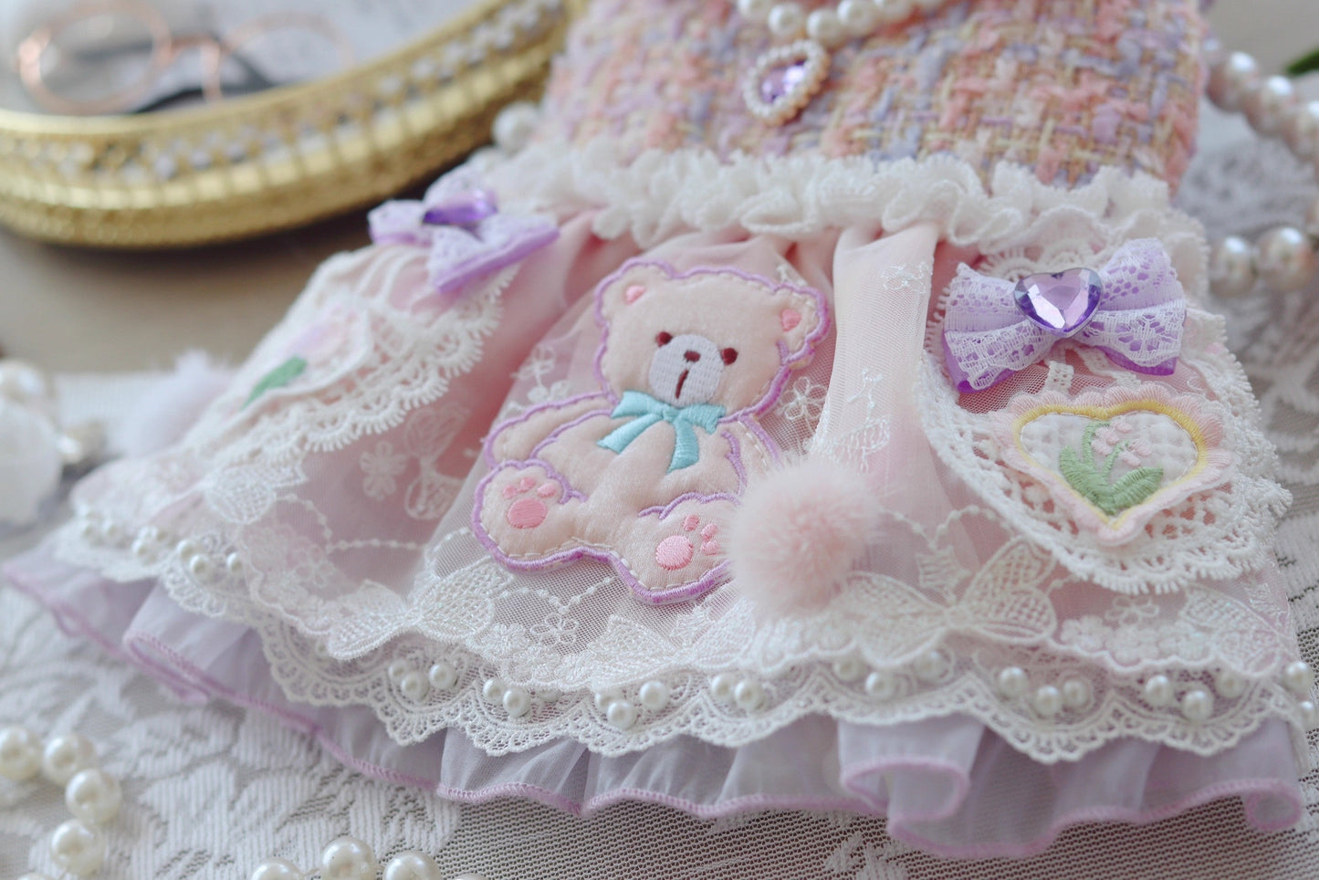 Handmade Teddy Puppy Dress Pink Lace Tweed Skirt
