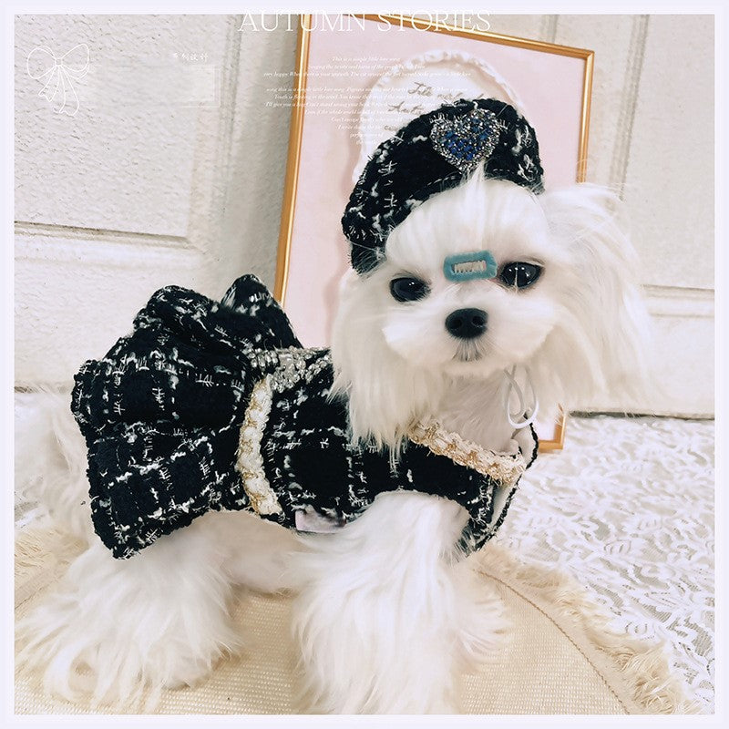 Luxury Black Tweed Rhinestone Dog Dress with Hat – Elegant French Couture Style