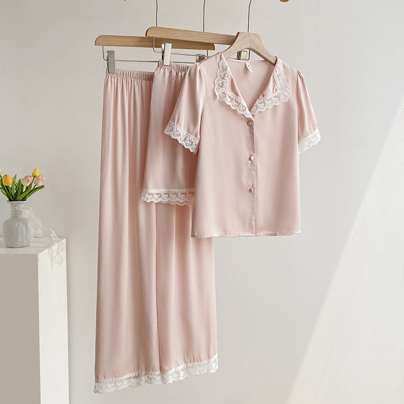 Blush Pink Silky Lace Pajama Set