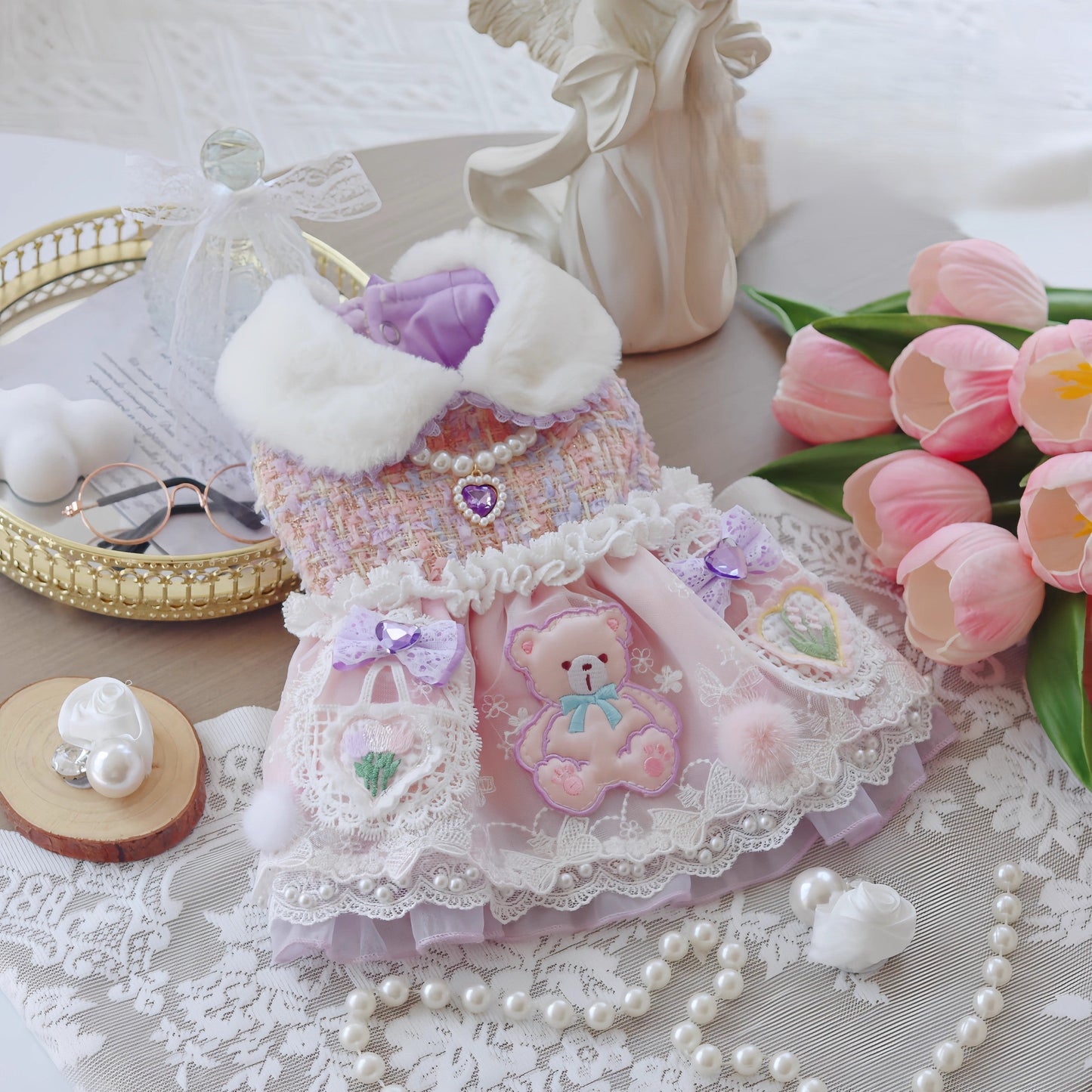 Handmade Teddy Puppy Dress Pink Lace Tweed Skirt