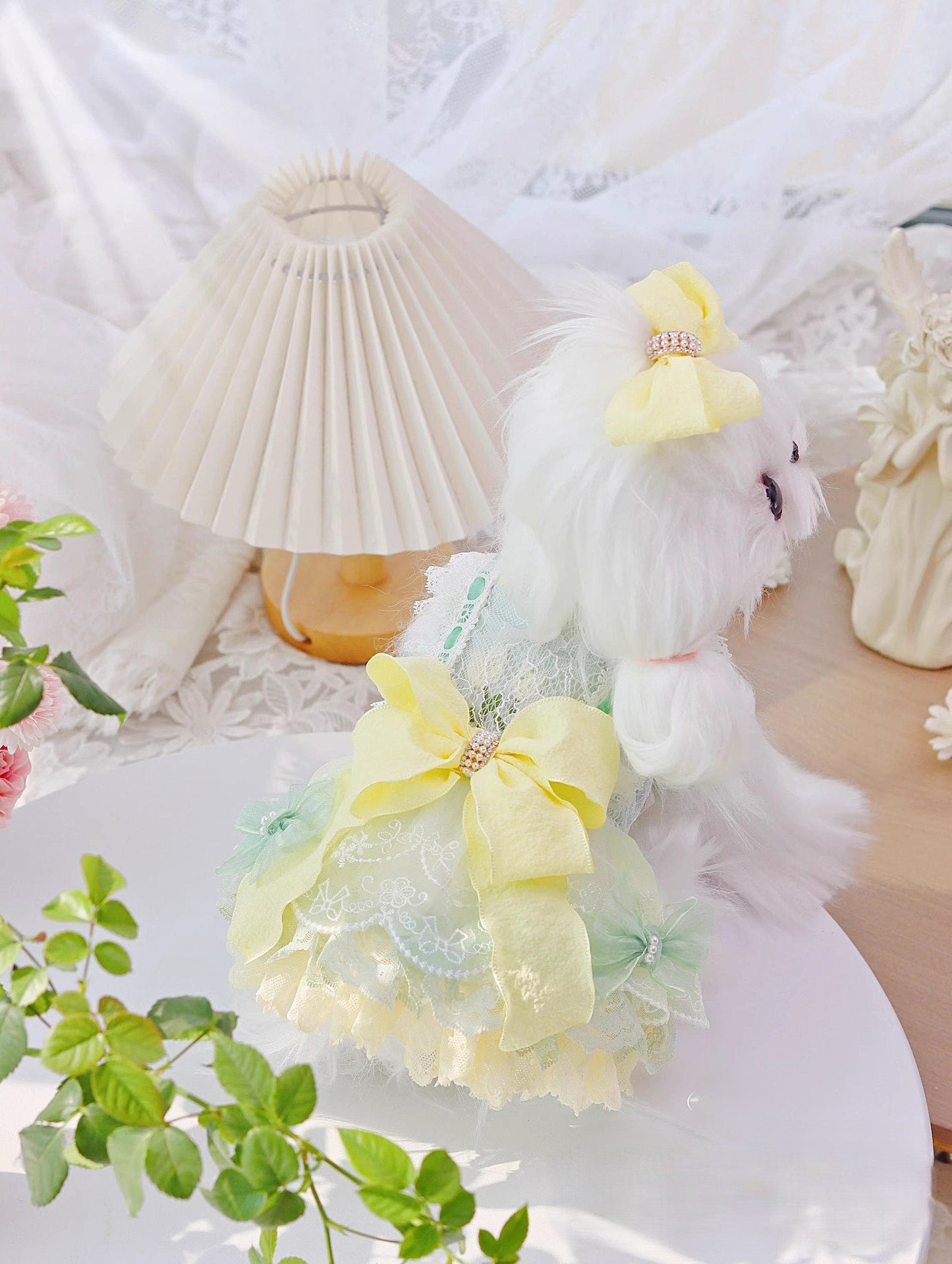 Handmade Cute Dog Dress Yellow Lace Bowknot Outfit