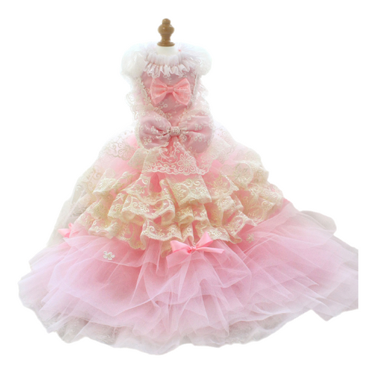Elegant Pink Lace Dog Dress Trailing Handcrafted Princess Tutu Gown for Wedding Party
