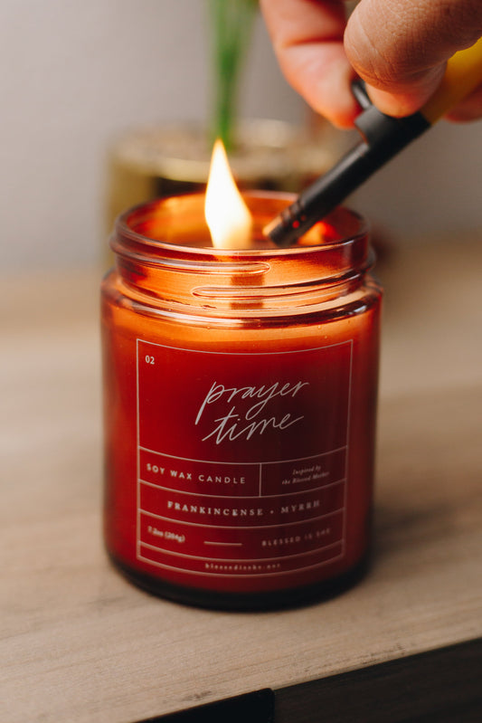 Prayer Time Candle – Our Blessed Mother Soy Candle – 8 oz Frankincense & Myrrh Wood Wick – Clean, Sacred Burn - Concordia Style Boutique