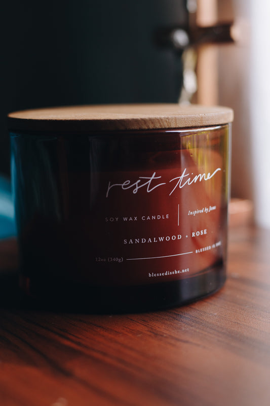 Rest Time Candle – Jesus Inspired Soy Candle – 12 oz Sandalwood & Rose Wood Wick – Clean, Relaxing Burn - Concordia Style Boutique