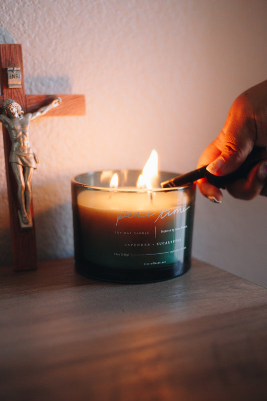 Peace Time Candle – St. Francis of Assisi 12 oz Soy Candle with Lavender & Eucalyptus – 3-Wick, Clean Burn - Concordia Style Boutique