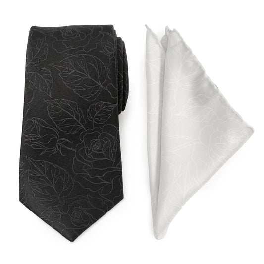 Black Floral Tie and Pocket Square Gift Set - Concordia Style Boutique