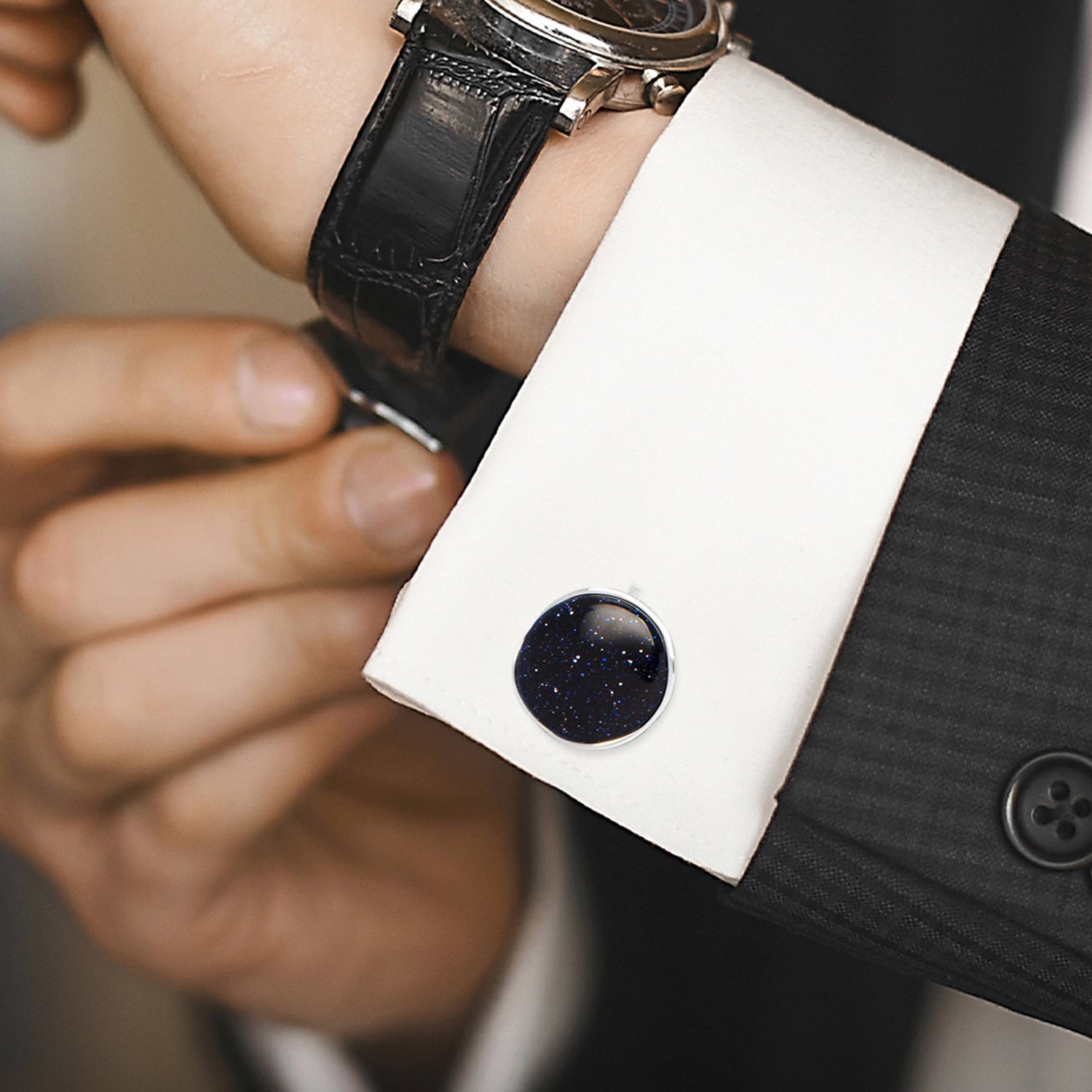 Sterling Silver Classic Round Blue Goldstone Cufflinks - Concordia Style Boutique