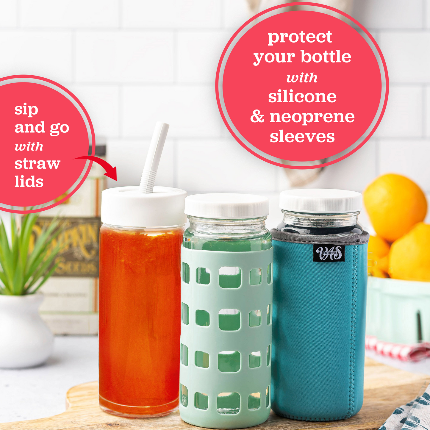 Original Series Wide Mouth Glass Bottles w/ Lids & Silicone Liner, 16 oz