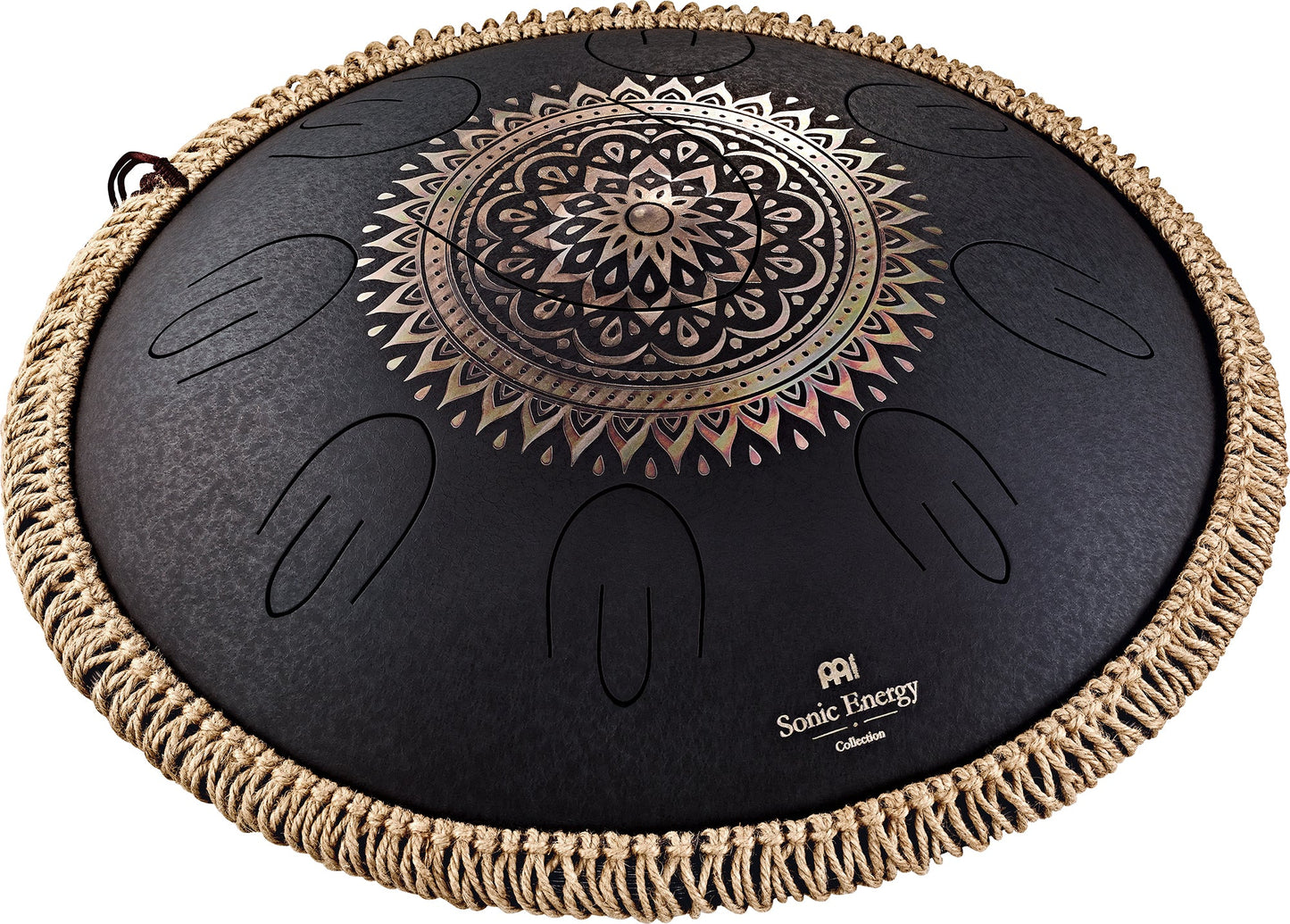 16" Octave Steel Tongue Drum, D Kurd, Lasered Floral Design, Black