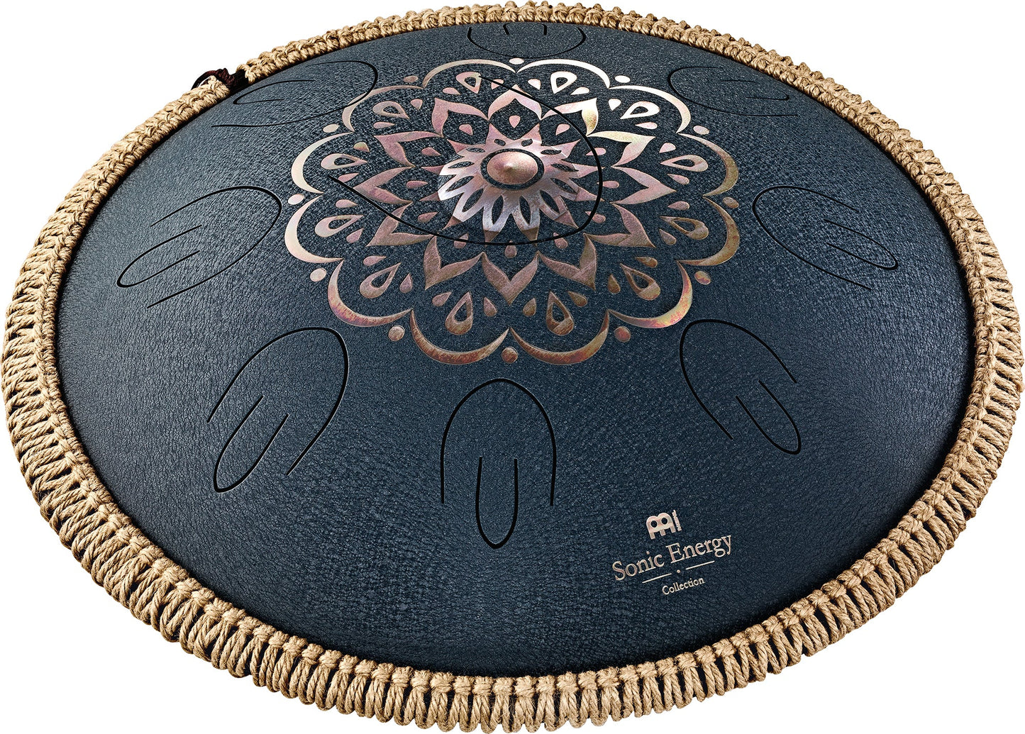 16" Octave Steel Tongue Drum, D Amara, Lasered Floral Design, Navy Blue