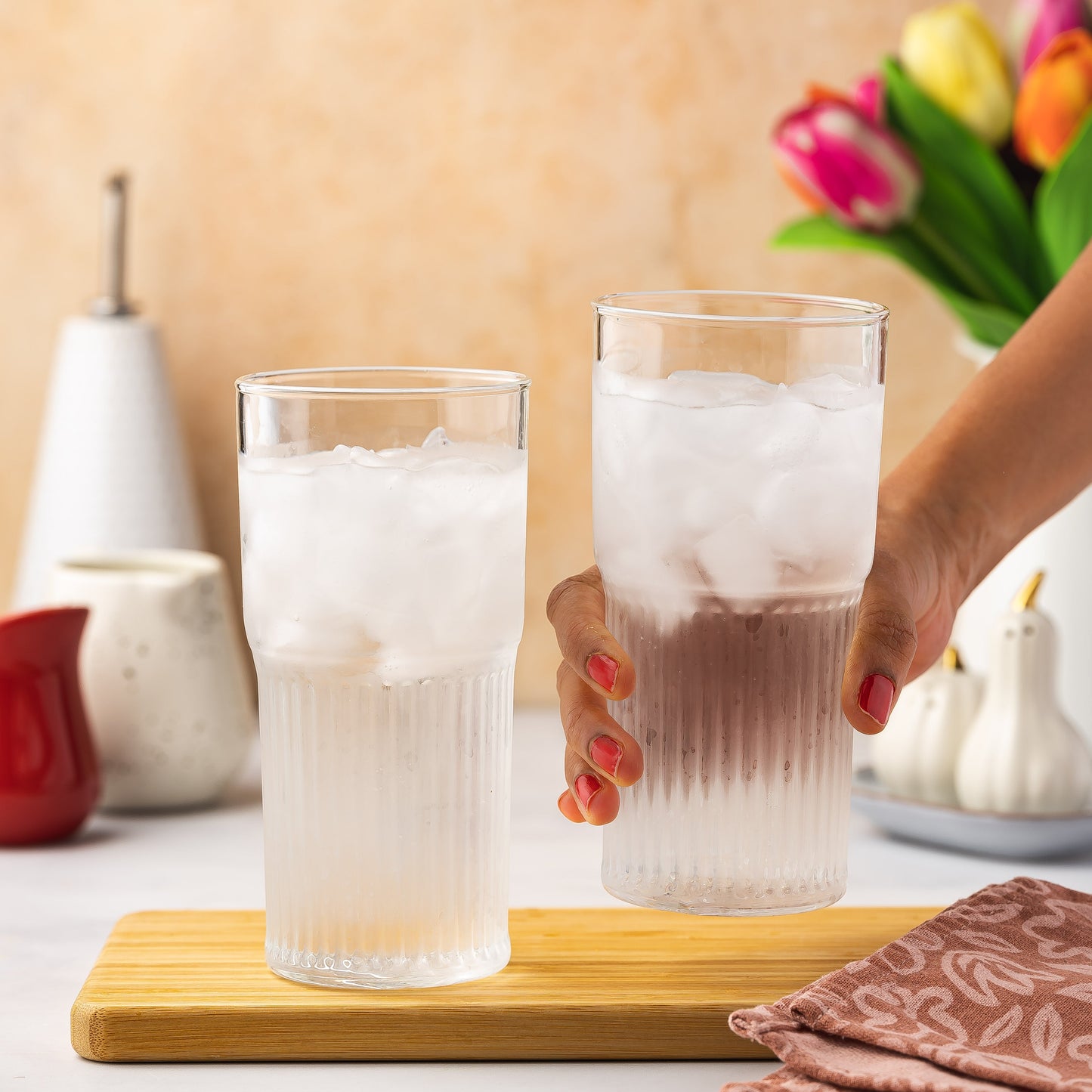 All Glass Juice Tumblers with Lid, Straw & Silicone Sleeve - 2 Pack Set, 20 oz