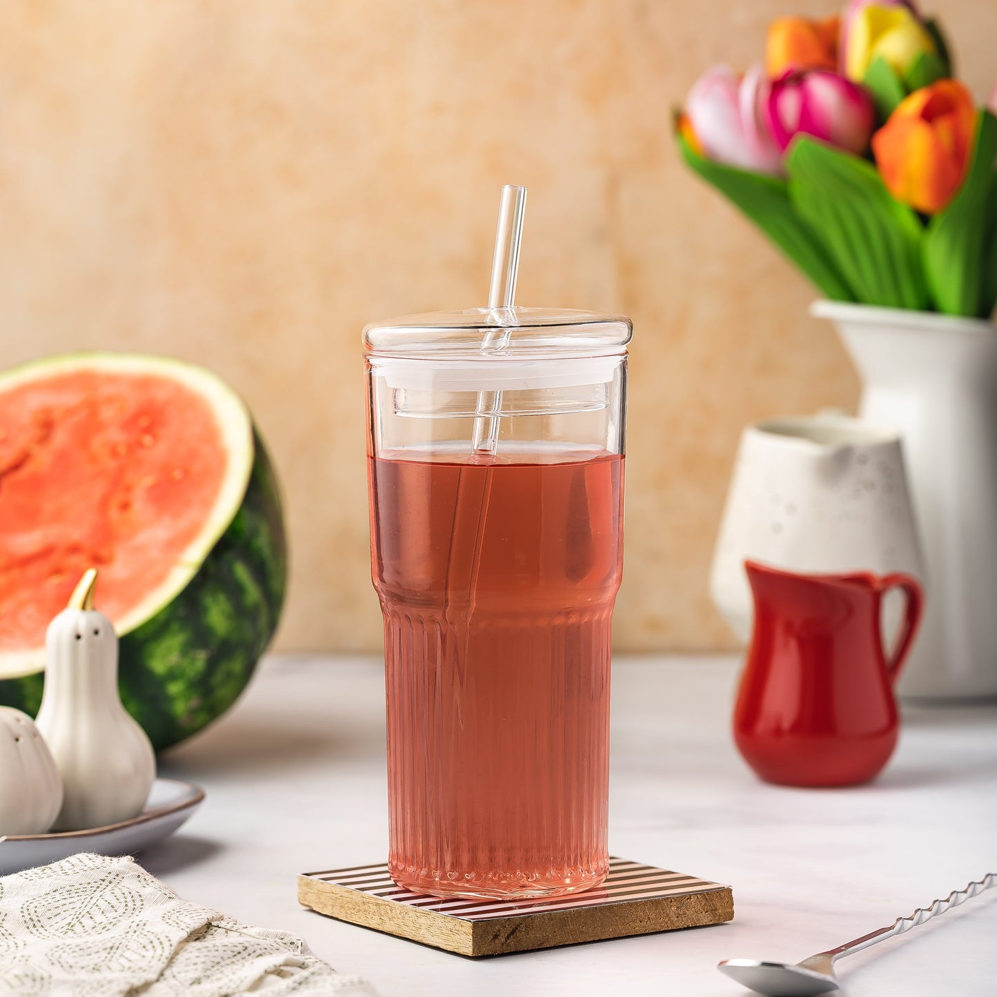 All Glass Juice Tumblers with Lid, Straw & Silicone Sleeve - 2 Pack Set, 20 oz