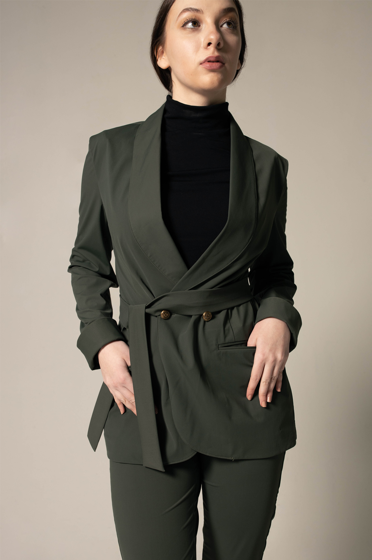 Women's Olive Blazer with Front Buttons