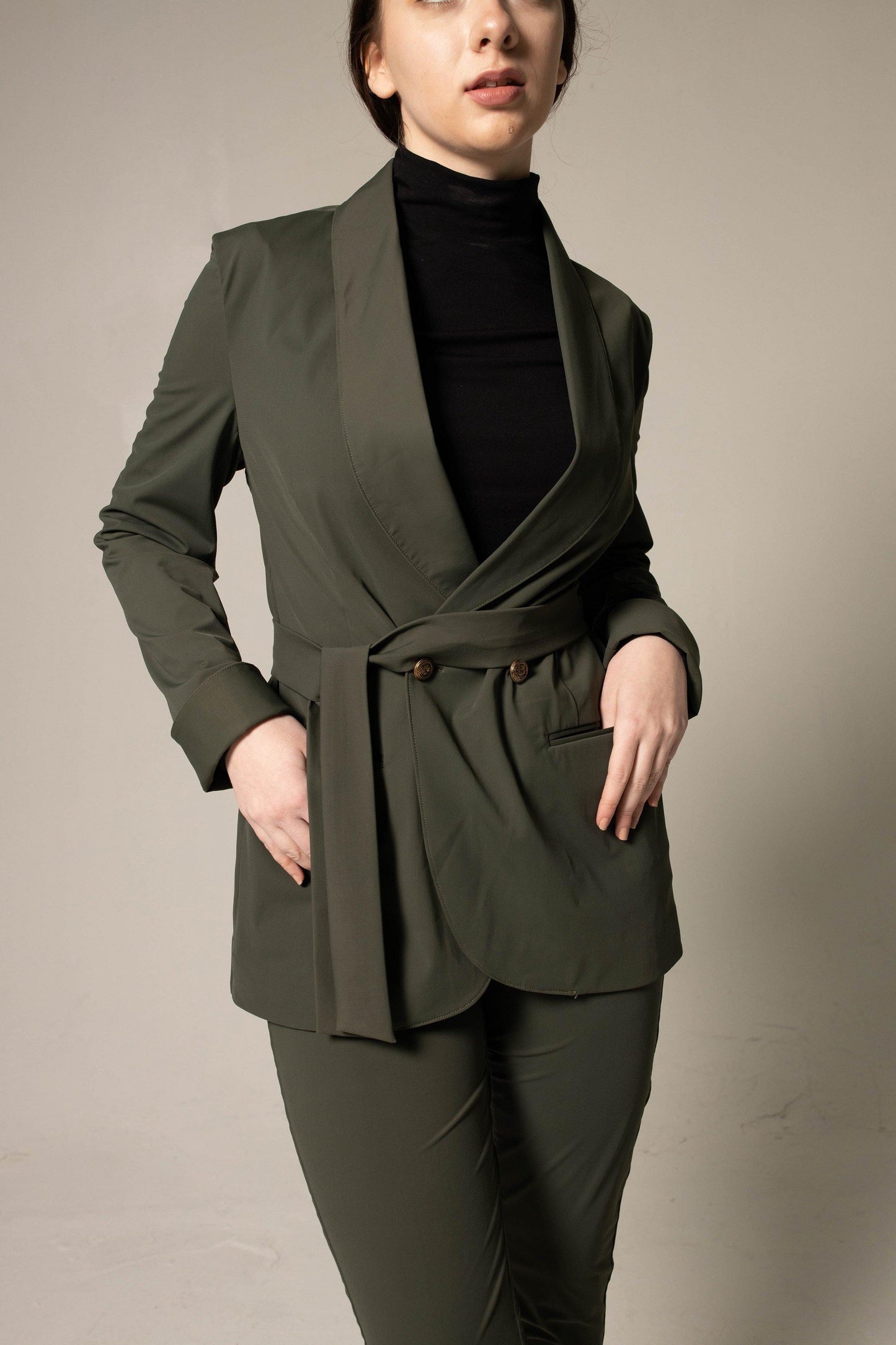 Women's Olive Blazer with Front Buttons