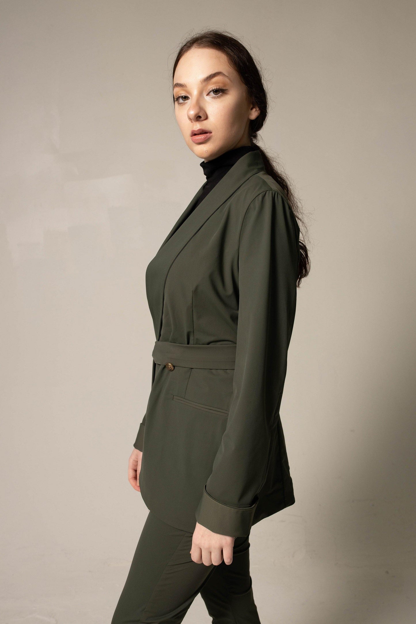 Women's Olive Blazer with Front Buttons