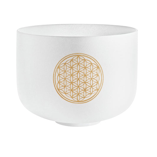 10" White-Frosted Crystal Singing Bowl, Flower of Life 128 Hz