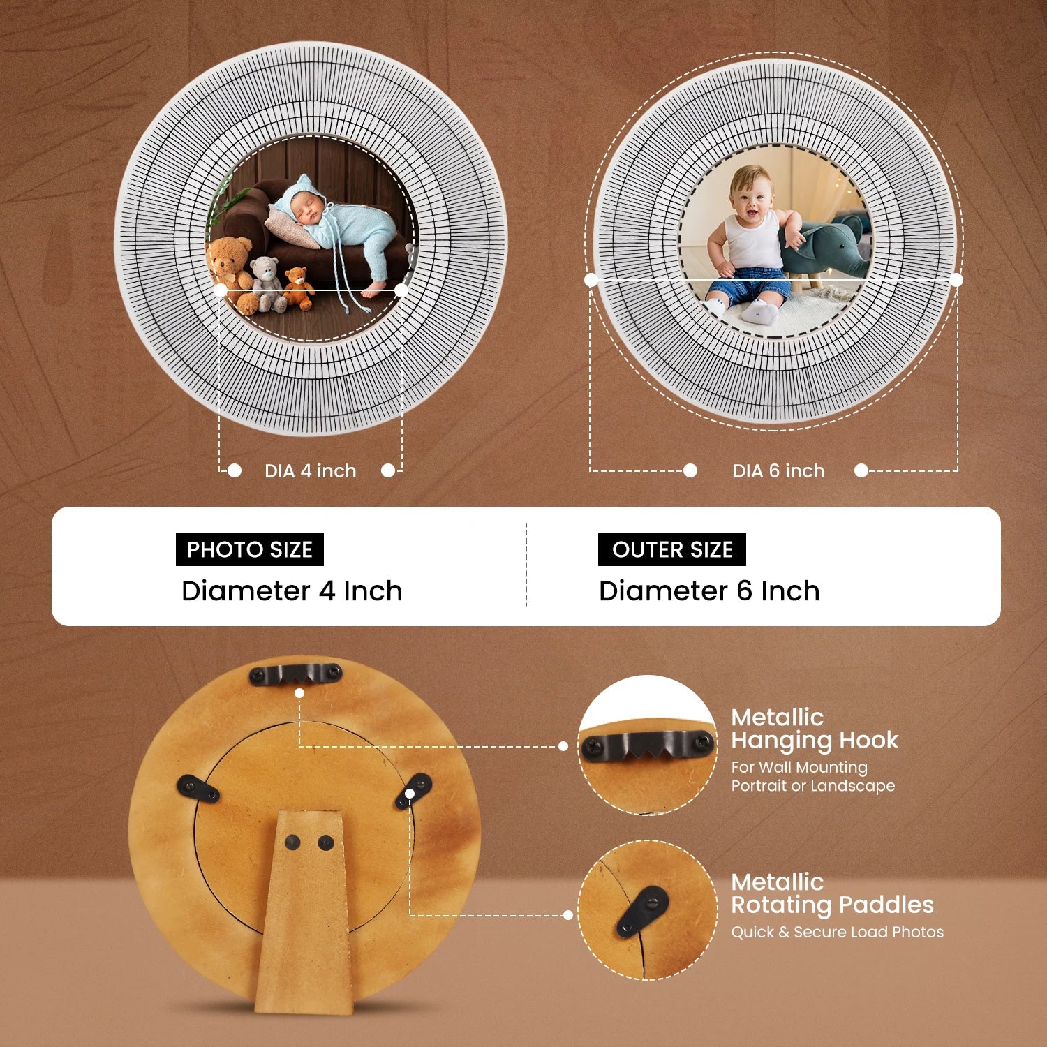 4x4 Round Black & White Picture Frame Linear Sunburst Pattern - Concordia Style Boutique