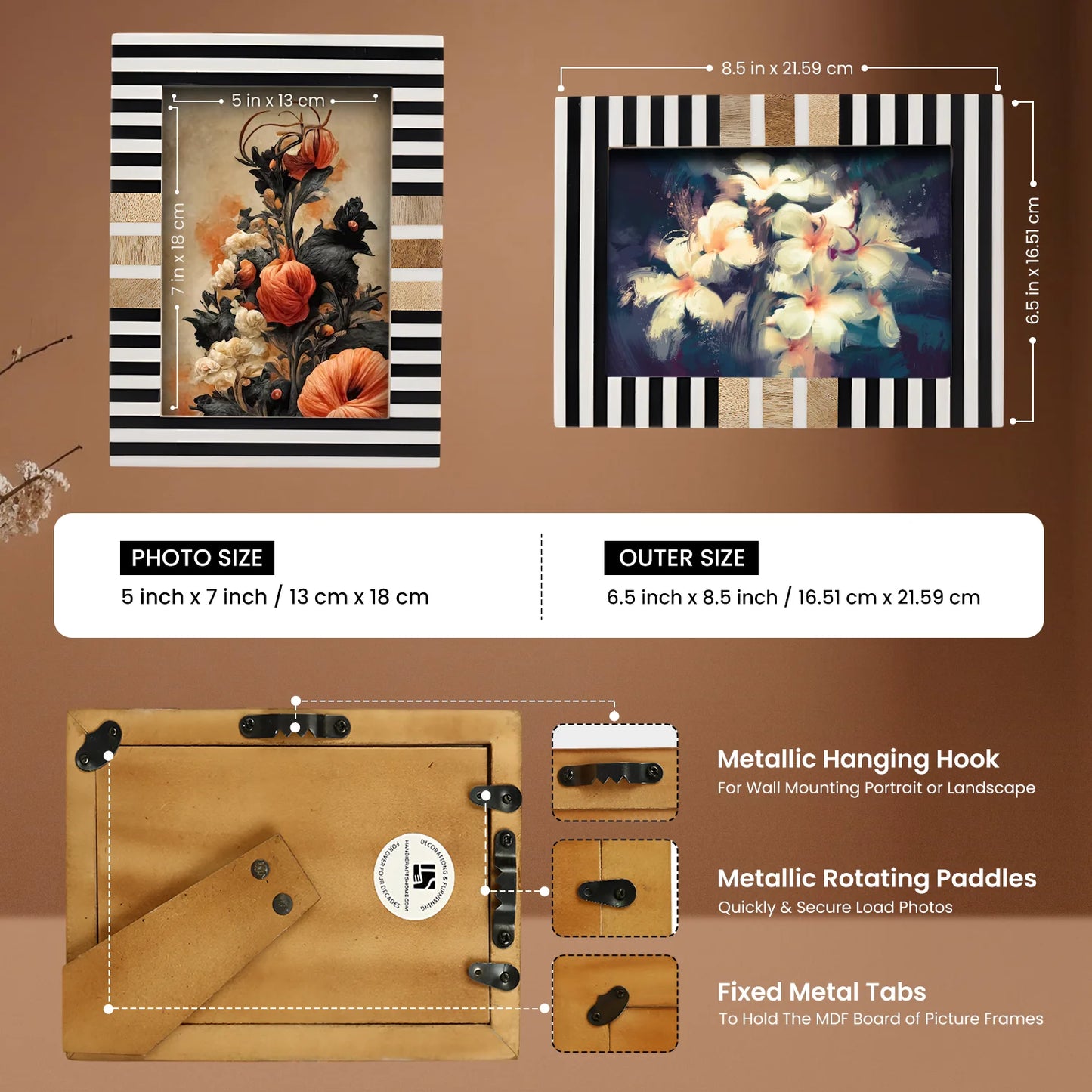 Wood & Resin Inlay Striped Picture Frame, Black & White - Concordia Style Boutique