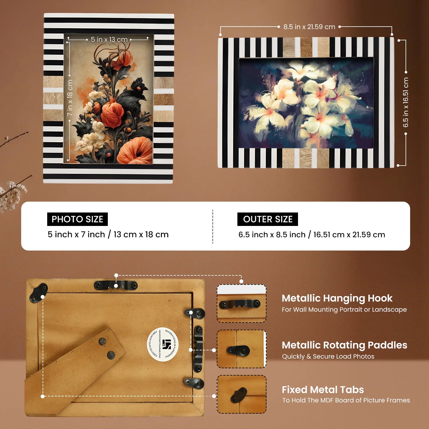 Wood & Resin Inlay Striped Picture Frame, Black & White - Concordia Style Boutique