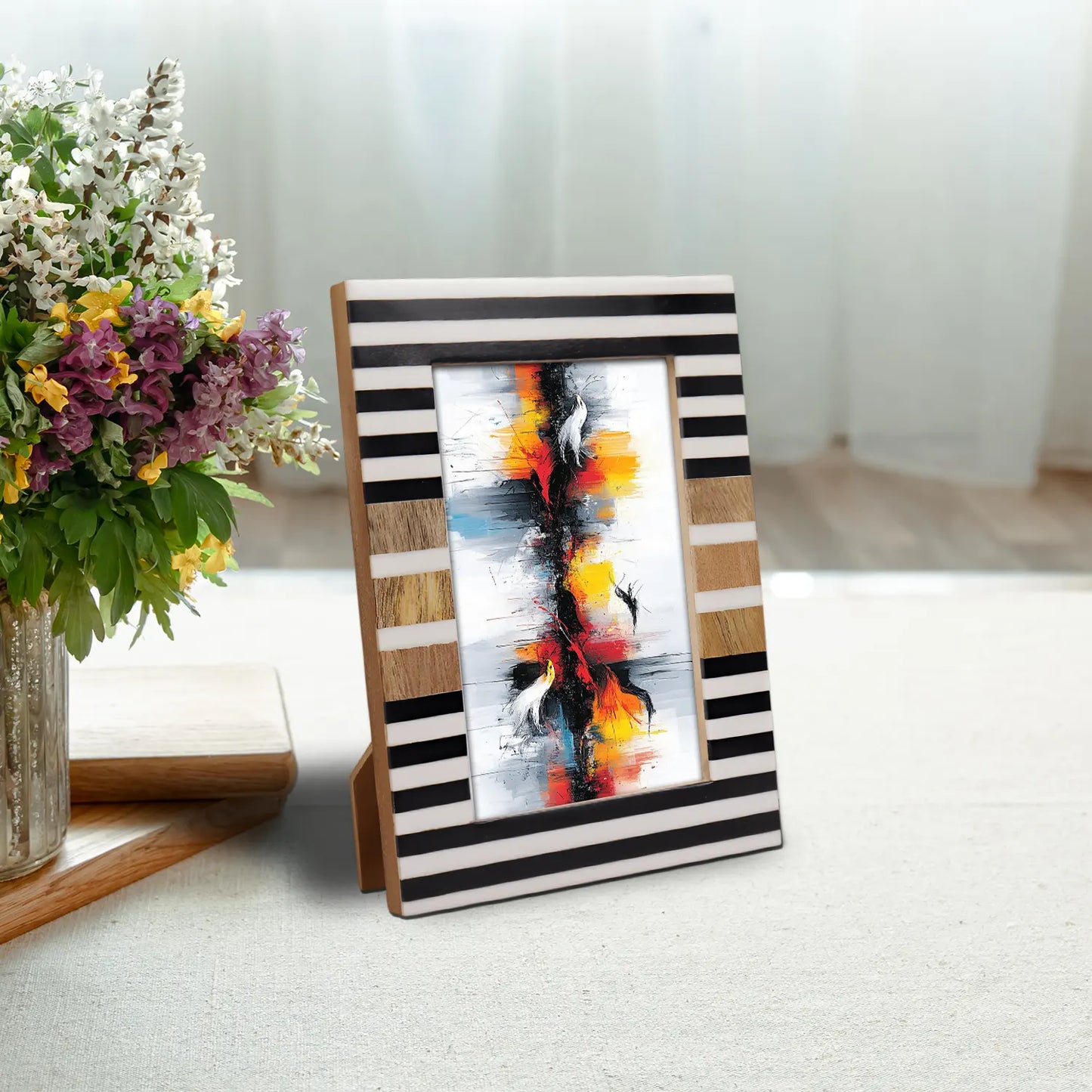 Wood & Resin Inlay Striped Picture Frame, Black & White - Concordia Style Boutique