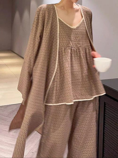 Floral V Tank and Long Pants with Cardigan Cotton Pajama Set / Blue