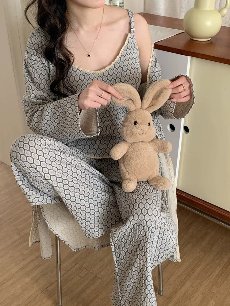 Floral V Tank and Long Pants with Cardigan Cotton Pajama Set / Blue