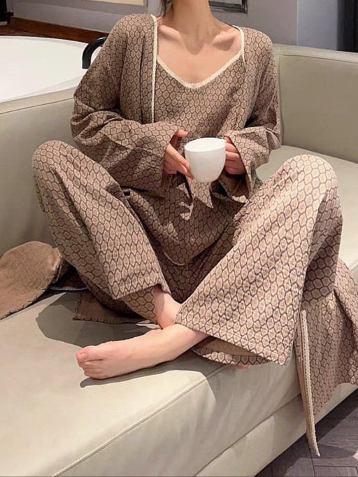 Floral V Tank and Long Pants with Cardigan Cotton Pajama Set / Blue