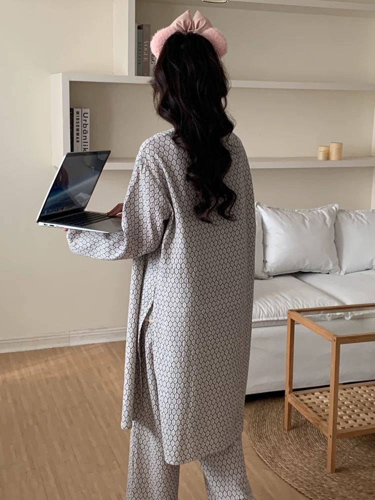 Floral V Tank and Long Pants with Cardigan Cotton Pajama Set / Blue