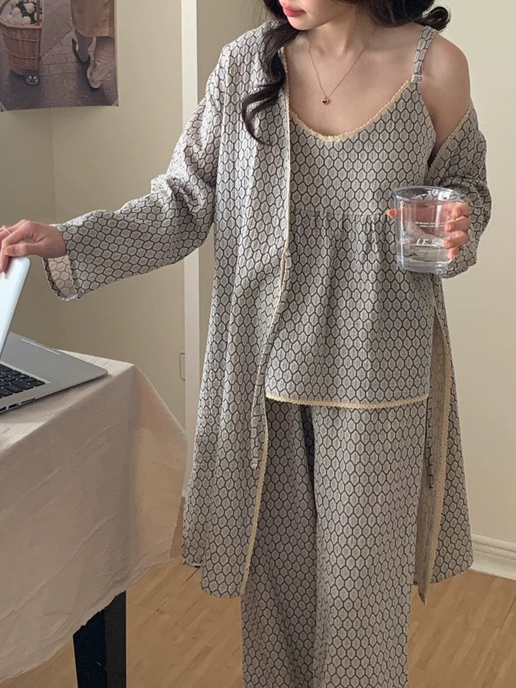 Floral V Tank and Long Pants with Cardigan Cotton Pajama Set / Blue