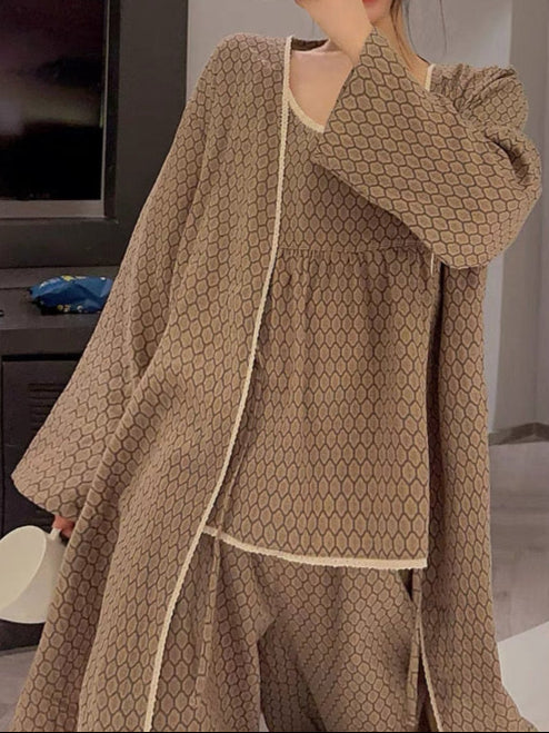 Floral V Tank and Long Pants with Cardigan Cotton Pajama Set / Blue