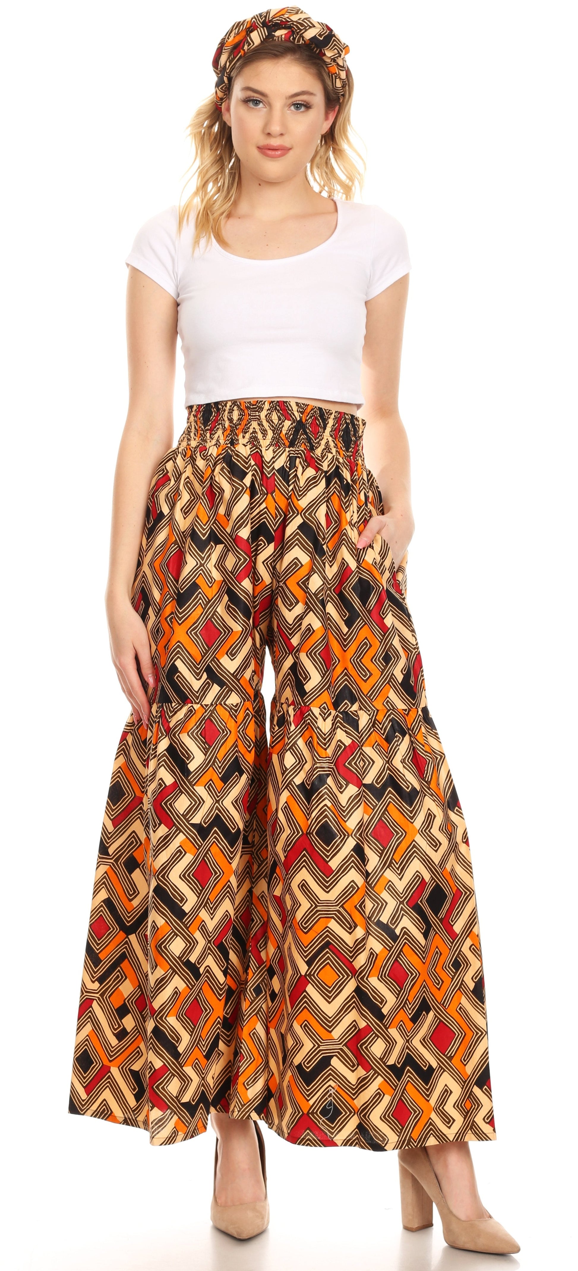 Sakkas Esme Women's African Ankara Flared Wide Leg Palazzo Pants with Pockets - Concordia Style Boutique