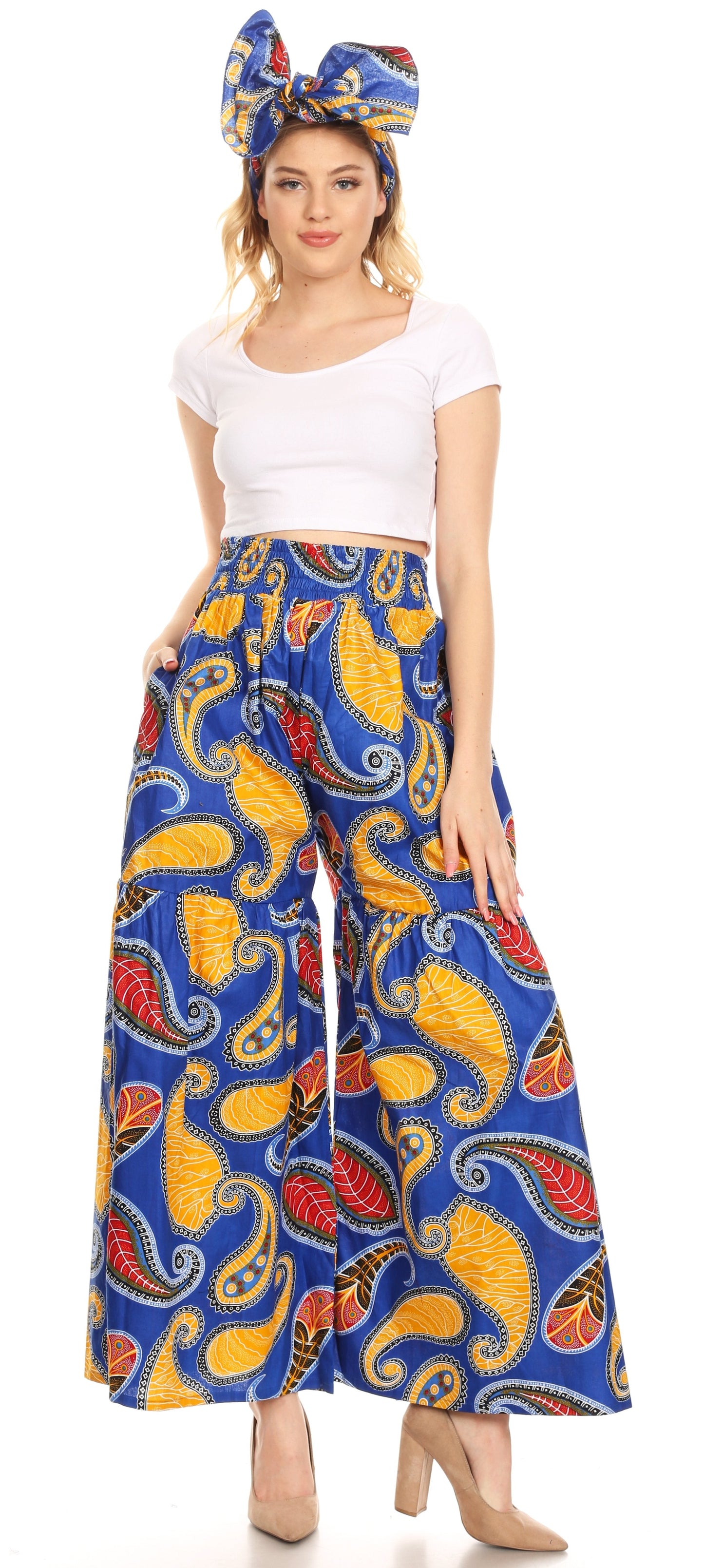 Sakkas Esme Women's African Ankara Flared Wide Leg Palazzo Pants with Pockets - Concordia Style Boutique