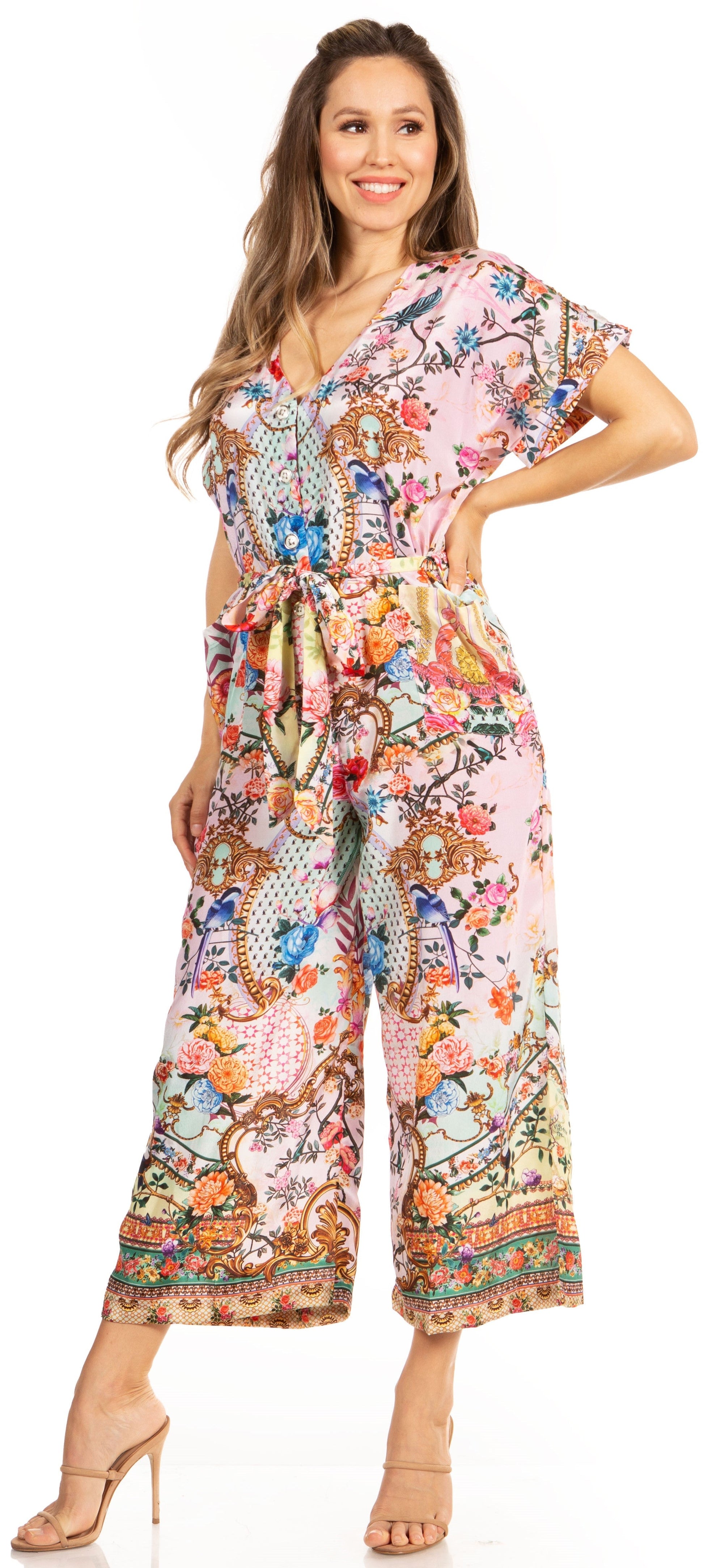 Irise Women's Casual Boho Jumpsuit with Short Sleeves, V-Neck, and Floral Print - Includes Pockets by Sakkas - Concordia Style Boutique