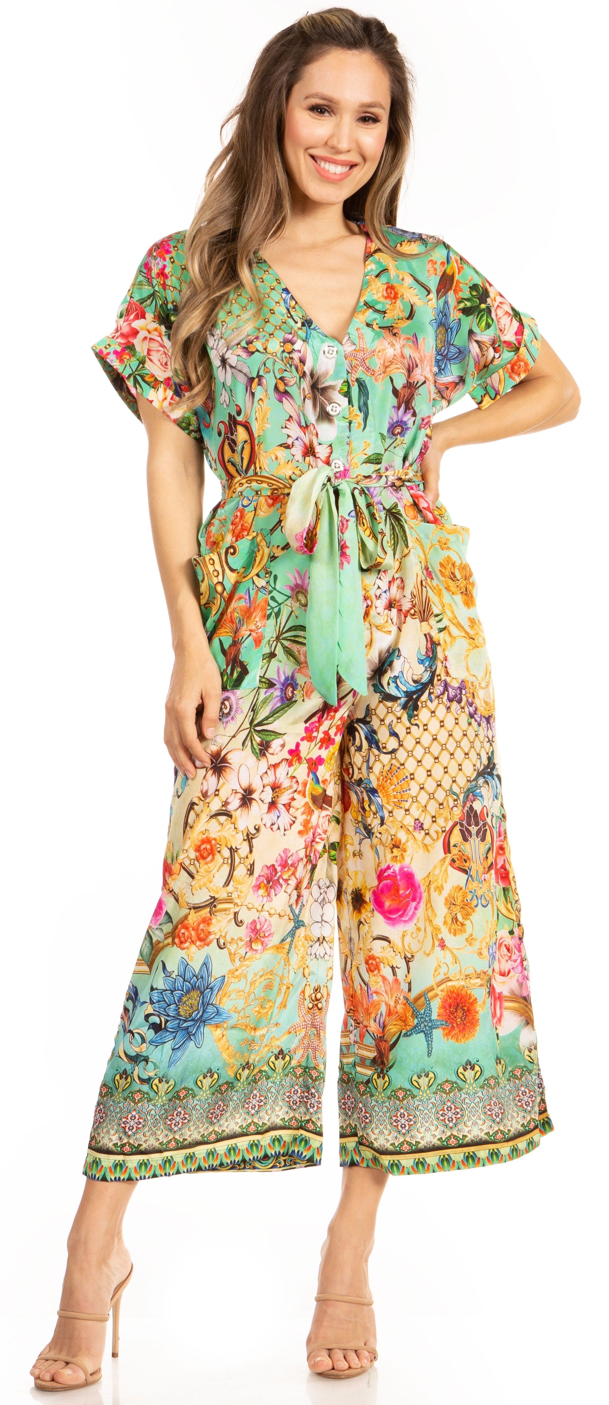 Irise Women's Casual Boho Jumpsuit with Short Sleeves, V-Neck, and Floral Print - Includes Pockets by Sakkas - Concordia Style Boutique