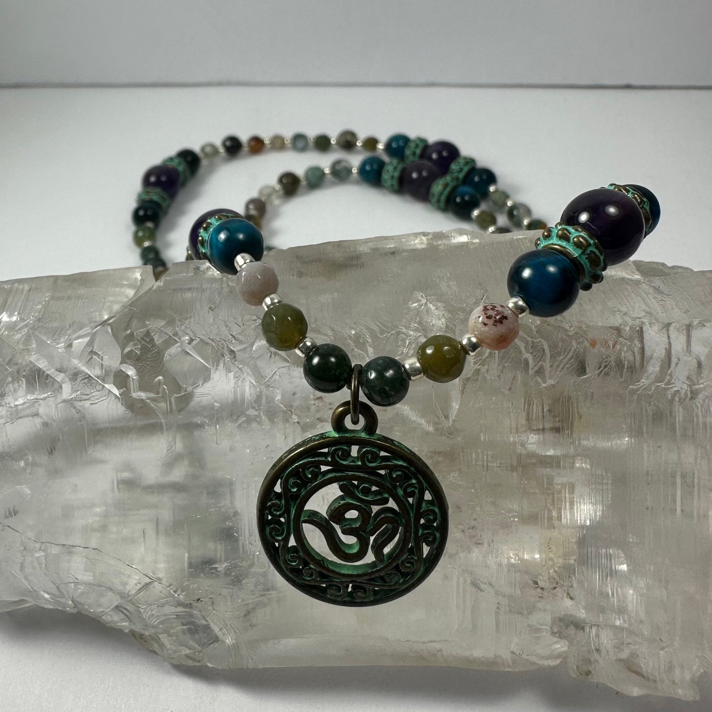 Bronze Patina 'Om' Pendant on Mixed Bead Necklace