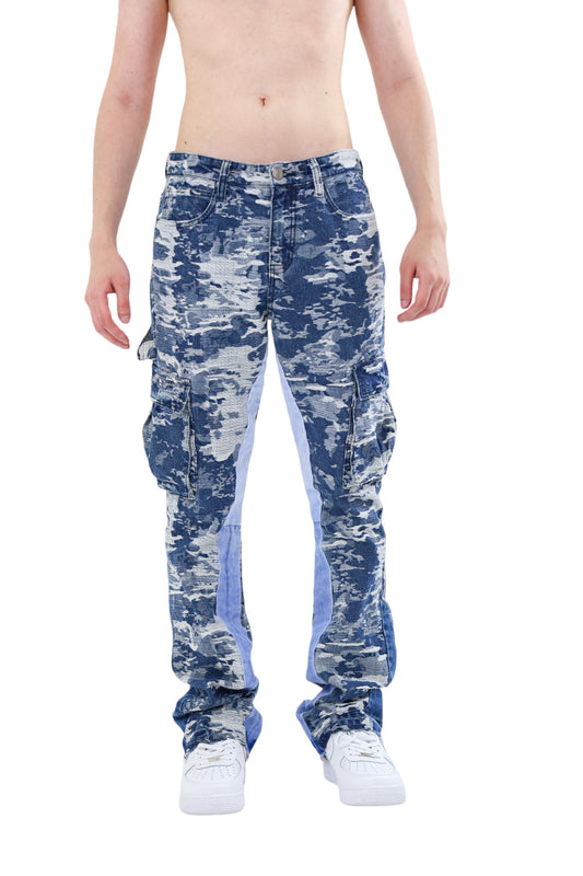 AJS695 BLUE CARGO JACQUARD STACKED JEANS